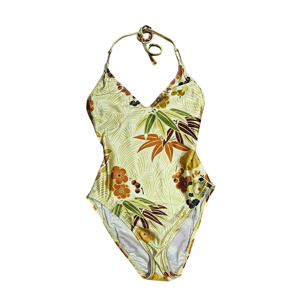 NWT 90s Anne Klein Yellow Floral Bamboo Print Halter One Piece Swimsuit 8